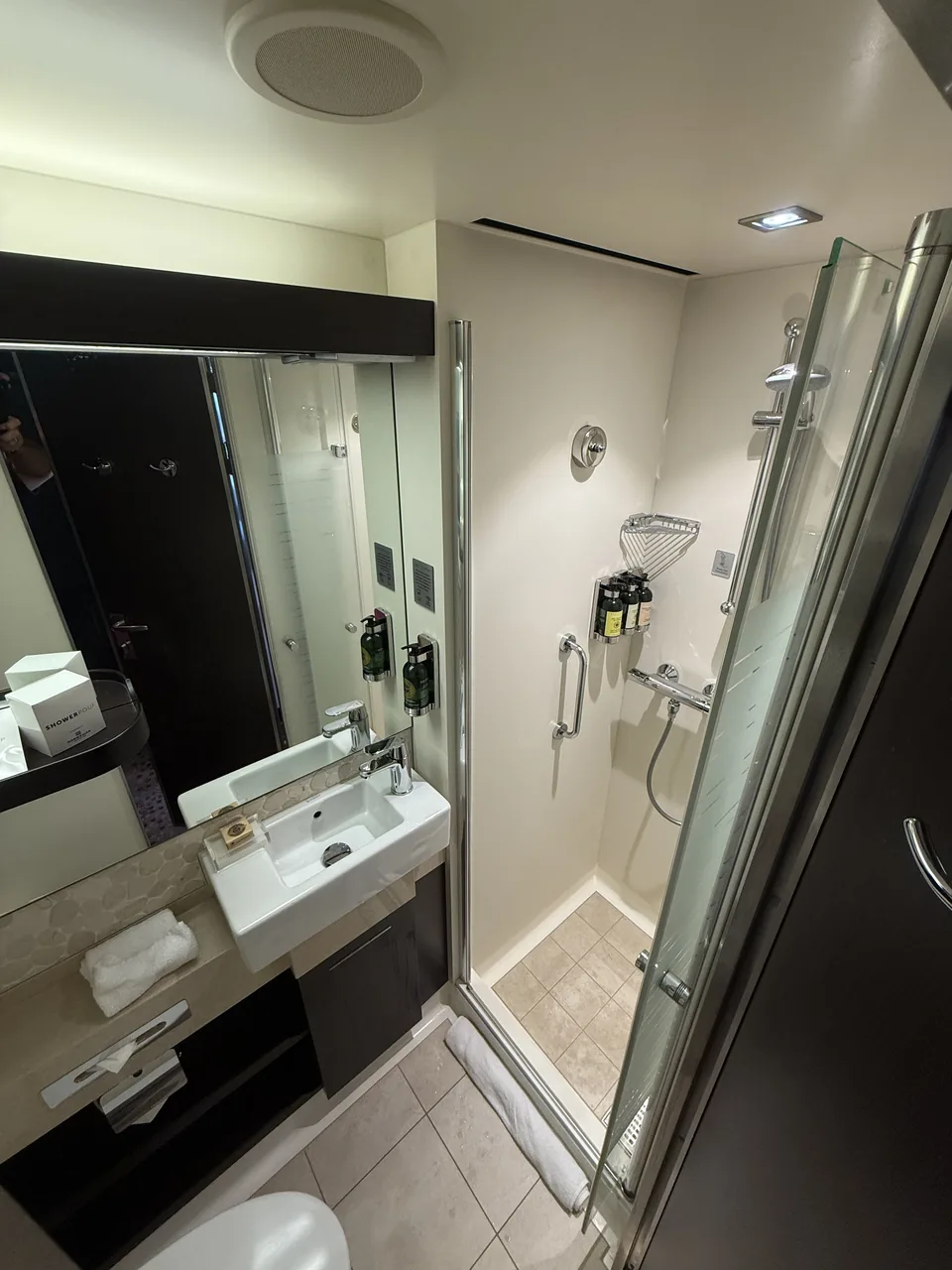 Det ekstra badeværelse med brusekabine og håndvask i Haven-suite 13906 på Norwegian Escape
