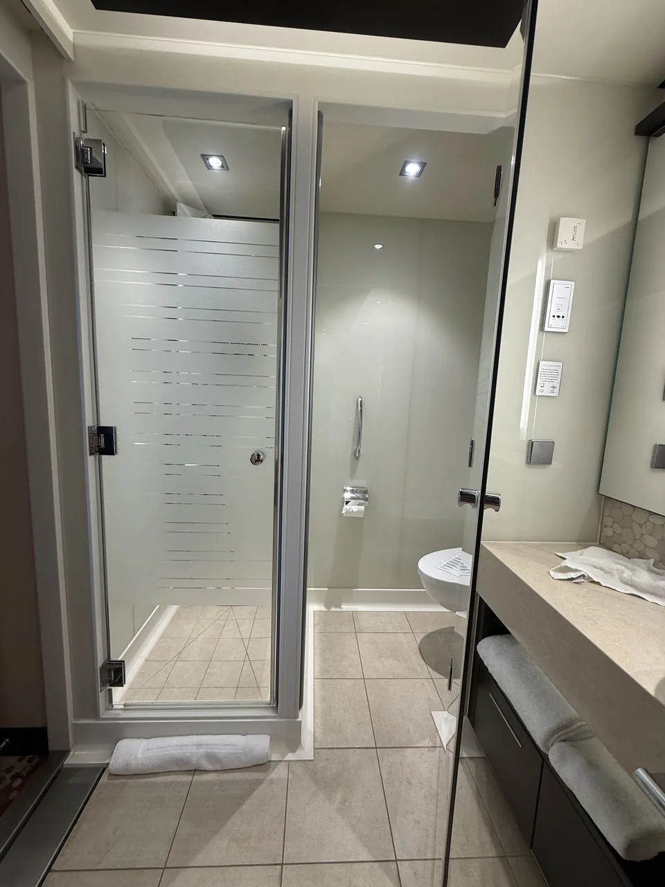 Separat brusekabine og toilet bag glas i hovedbadeværelset i Haven-suite 13906 på Norwegian Escape