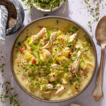 Kartoffelsuppe med porre, pasta og kylling – Nem hverdagsfavorit