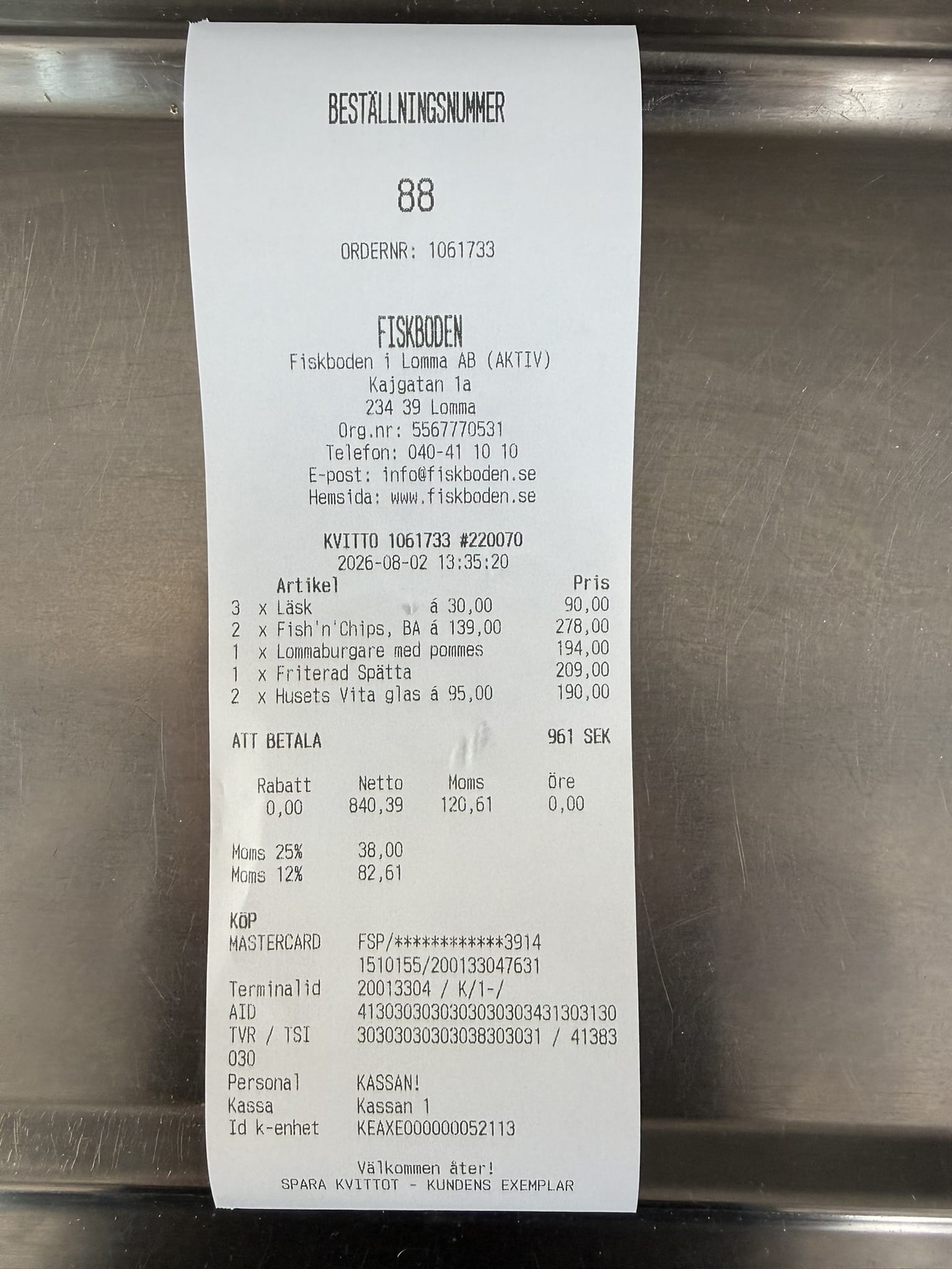 Kvittering fra Fiskboden i Lomma på 961 SEK