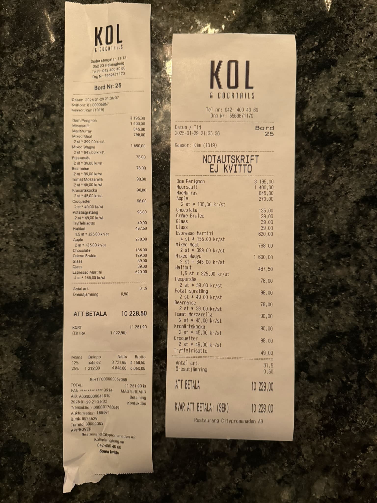 To bonner fra KOL & Cocktails med samlet beløb 10.229 SEK
