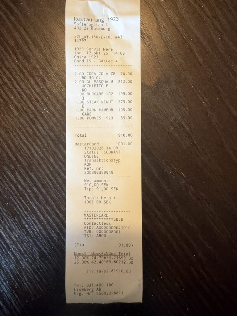 Bon fra Restaurang 1923 i Göteborg på 910 SEK