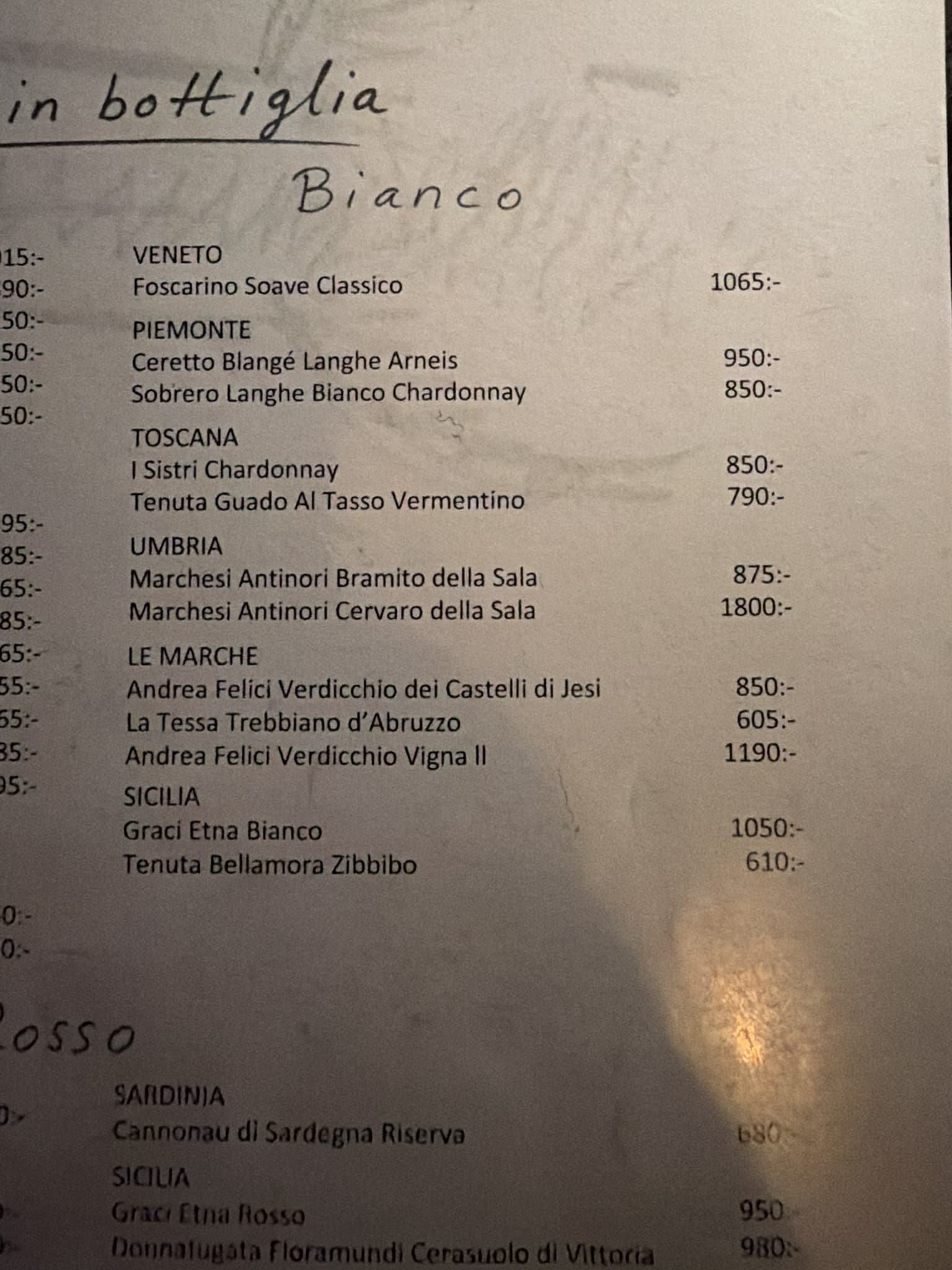 Vinkort med italienske hvidvine på flaske sorteret efter region.