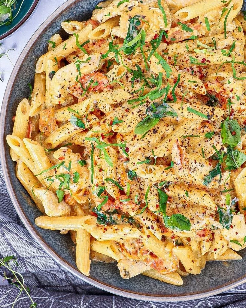 Pasta med kylling i spicy cremet tomatsauce - Opskrift på nem pasta